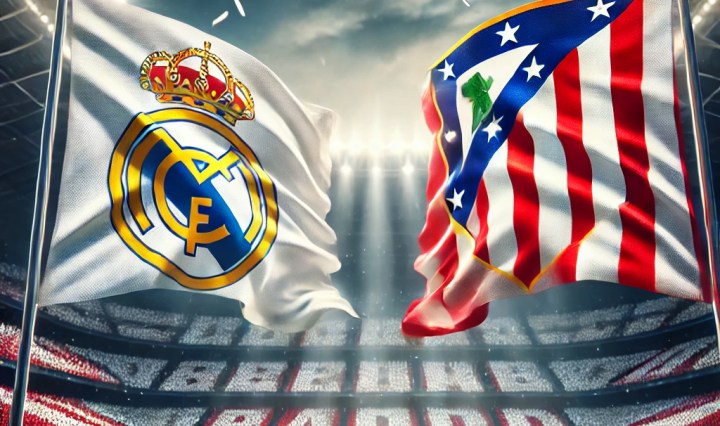 1A realistic image featuring the flags of Real Madrid and Atlético de Madrid waving side by side