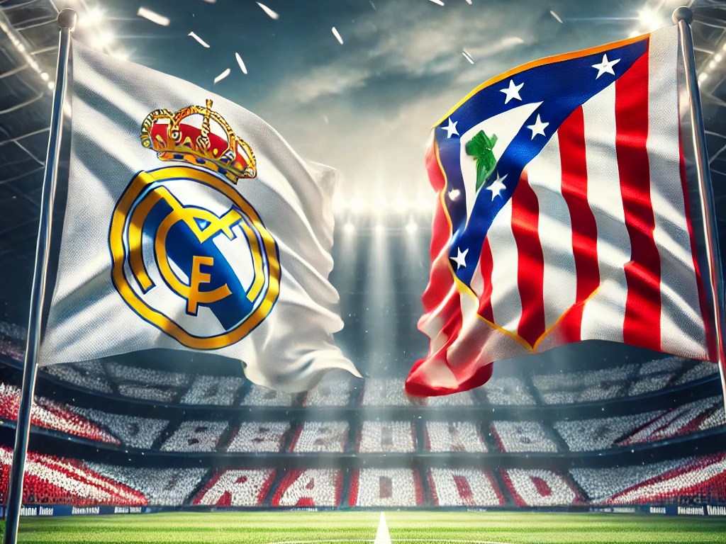 1A realistic image featuring the flags of Real Madrid and Atlético de Madrid waving side by side