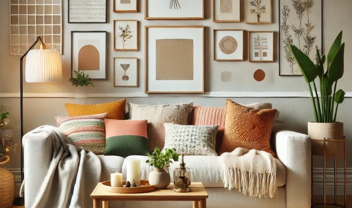 - A cozy and modern living room with a budget-friendly makeover. The room features a neutral-toned sofa adorned with colorful and textured throw pillows