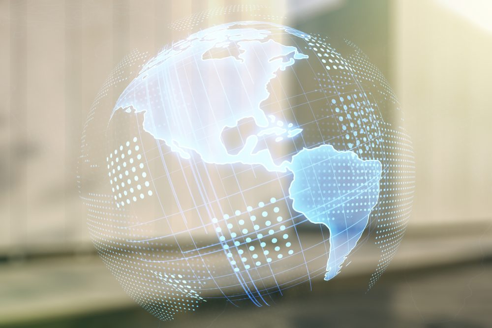 Virtual,Digital,Map,Of,North,America,On,Blurry,Modern,Office