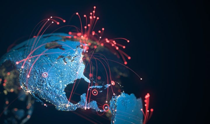 Fortinet North And South America - Red Connection Lines - Copy Space - Global Business, Pandemic, Computer Virus