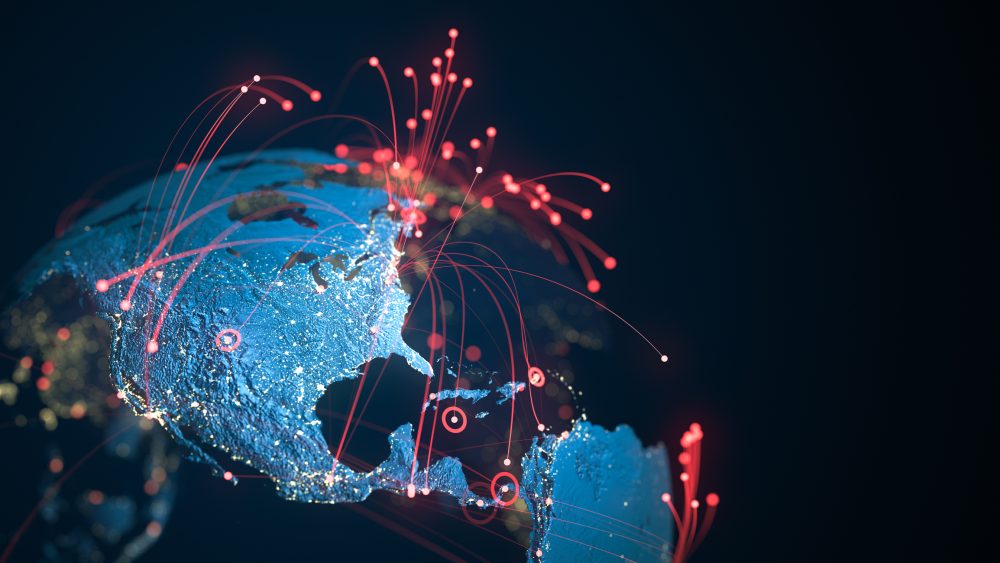 Fortinet North And South America - Red Connection Lines - Copy Space - Global Business, Pandemic, Computer Virus