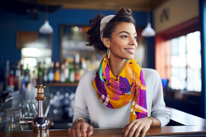 woman in fashionable scarf savoring a drink, dj spinning tracks