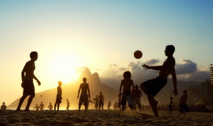 Sunset Silhouettes Playing Altinho Futebol Beach Football Brazil